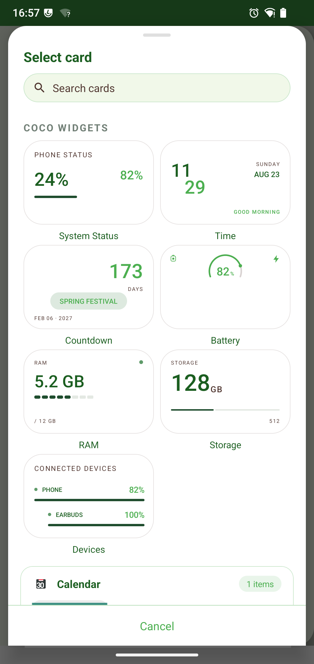 Information cards and widgets